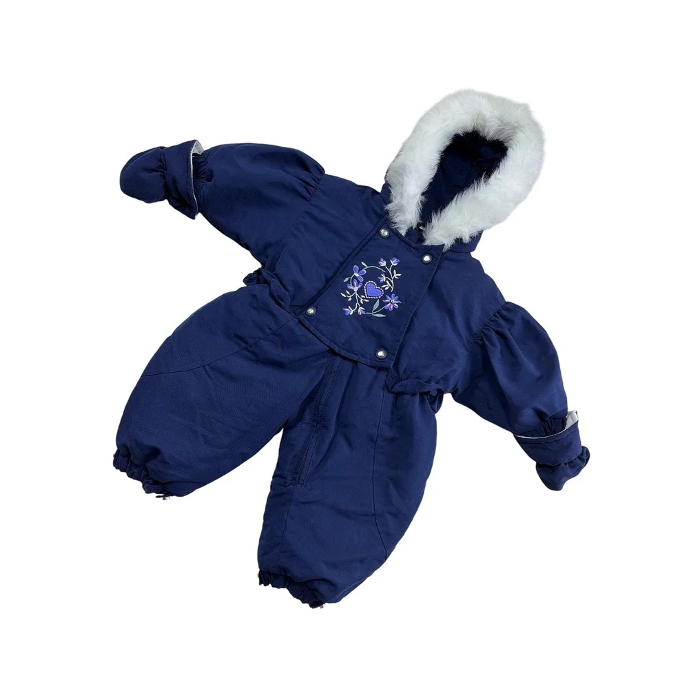 Pistachio Baby Girls Navy Blue Floral Heart Snowsuit Faux Fur Hood 3-6 Months